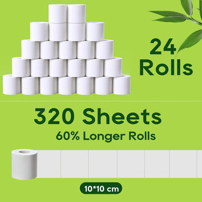 Bamboo Toilet Paper, Septic Safe Toilet Tissue, 24 Double Rolls, 320 Sheets per Roll, Tree Free, Non Toxic, 2 Ply, Soft and Absorbent, Eco Friendly Dye-Free Paper
