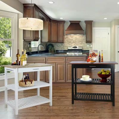 Natural White Solid Wood Counter Top 40 In. Kitchen Island Bar Station with Drawer and Shelves