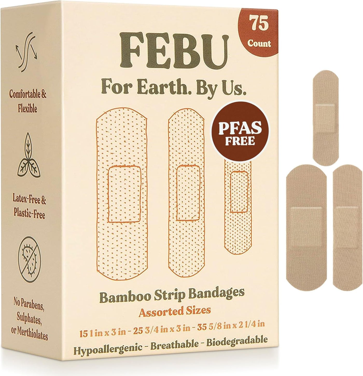 Eco-Friendly Bamboo Fabric Bandages | PFAS Free Flexible Fabric Bandages | Natural Hypoallergenic Bandage for Scrapes, Cuts & First Aid | Fully Compostable, Latex Free Bandage | 75 Count Strip