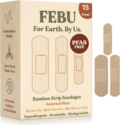 Eco-Friendly Bamboo Fabric Bandages | PFAS Free Flexible Fabric Bandages | Natural Hypoallergenic Bandage for Scrapes, Cuts & First Aid | Fully Compostable, Latex Free Bandage | 75 Count Strip