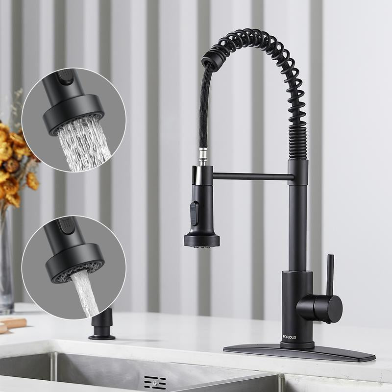 FORIOUS Kitchen Faucet with Pull down Sprayer 2 Modes Single Handle High Arc Stainless Steel Kitchen Sink Faucet for Farmhouse RV Laundry Utility Room