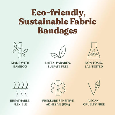 Eco-Friendly Bamboo Fabric Bandages | PFAS Free Flexible Fabric Bandages | Natural Hypoallergenic Bandage for Scrapes, Cuts & First Aid | Fully Compostable, Latex Free Bandage | 75 Count Strip