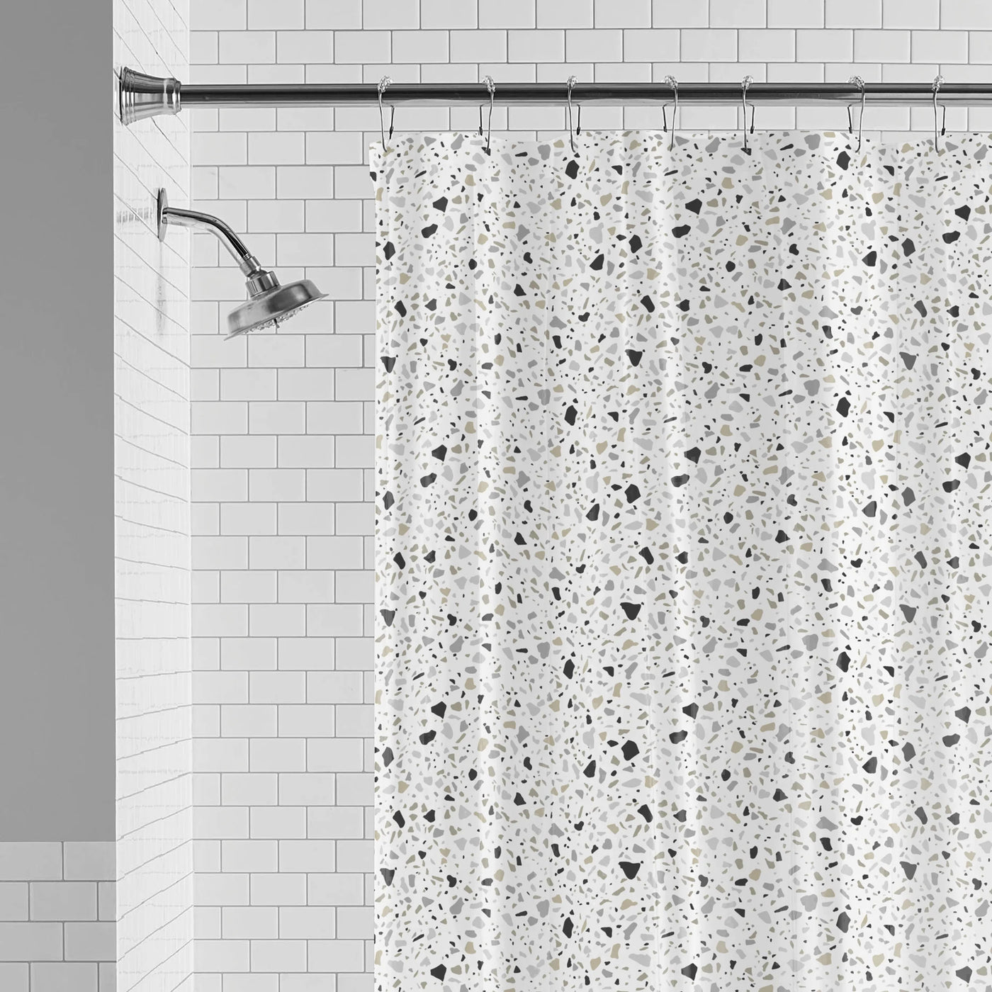 Eco-Friendly Terrazzo Waterproof Recycled PEVA Shower Curtain Set and Hooks, Black, White