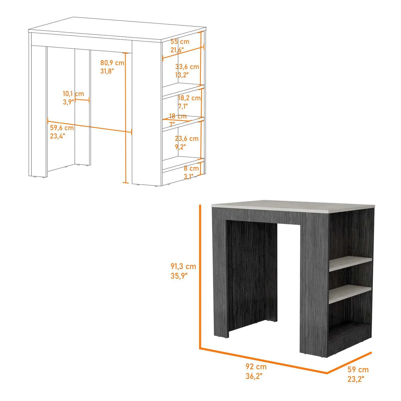 Harlan Kitchen Island, Counter Height Table Top with 3-Side Shelf