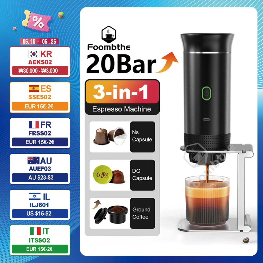 Wireless Electric Portable Espresso Coffee Machine for Car & Home Camping Coffee Maker 3-In-1 Capsule Powder Travel Coffee Maker