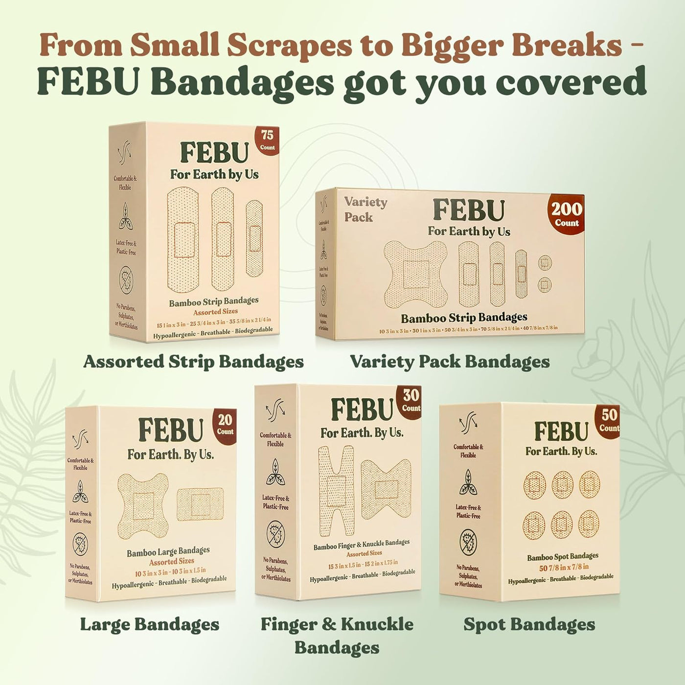 Eco-Friendly Bamboo Fabric Bandages | PFAS Free Flexible Fabric Bandages | Natural Hypoallergenic Bandage for Scrapes, Cuts & First Aid | Fully Compostable, Latex Free Bandage | 75 Count Strip