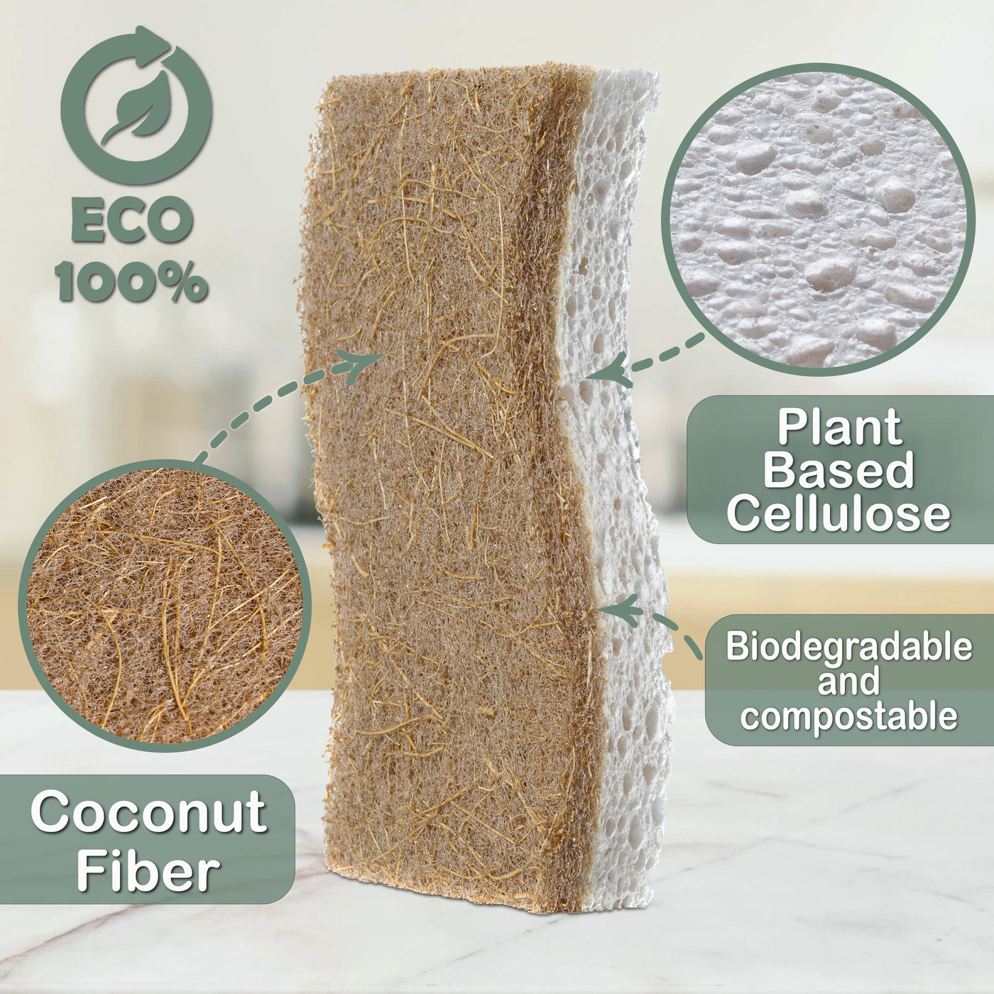 Natural Kitchen Scrub Sponges - Eco-Friendly Plant Based Coconut Sponge - 14 Pack