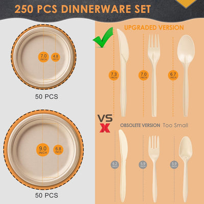 250-Piece Eco-Friendly Disposable Dinnerware Set, Includes 50 Biodegradable Sugarcane Plates, Forks, Knives, and Spoons for Birthday Parties and Camping